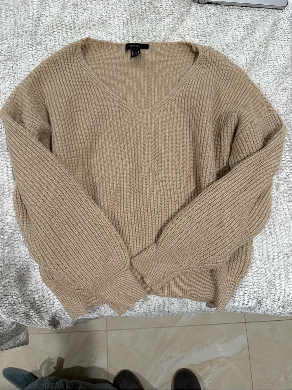 Forever 21 Tan V-Neck Ribbed Sweater
